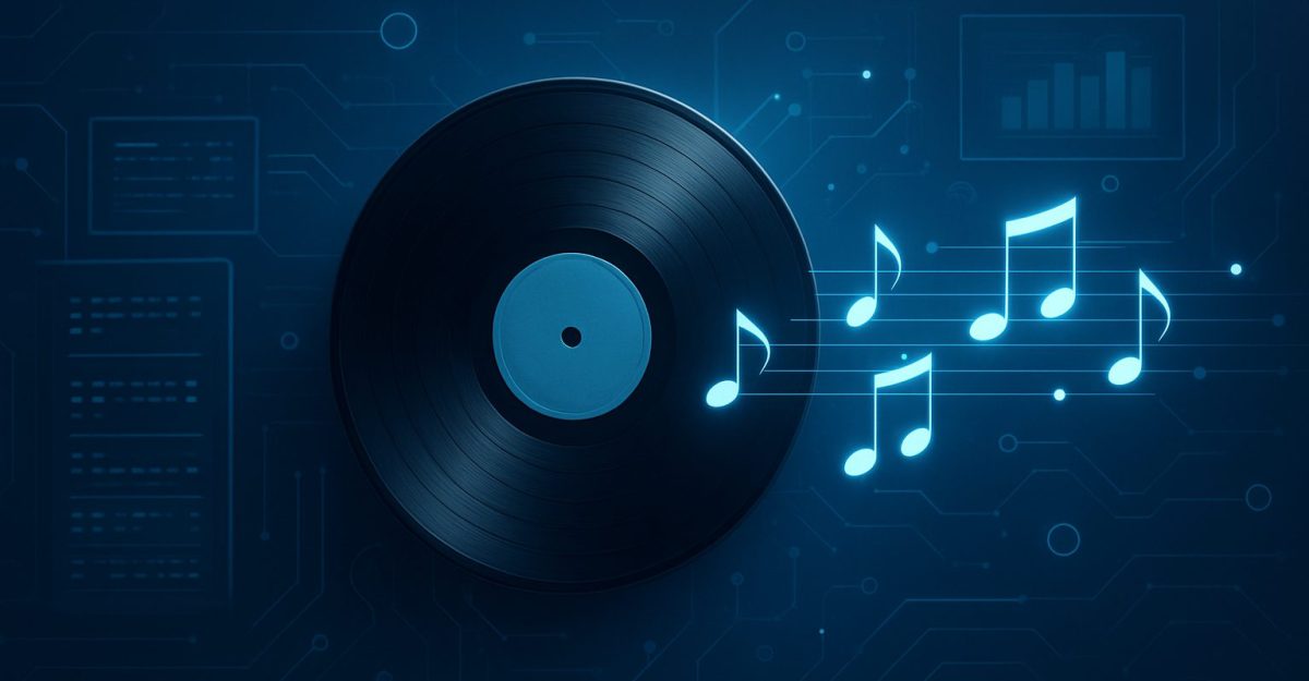 A vinyl record surrounded by musical notes and digital circuit patterns
