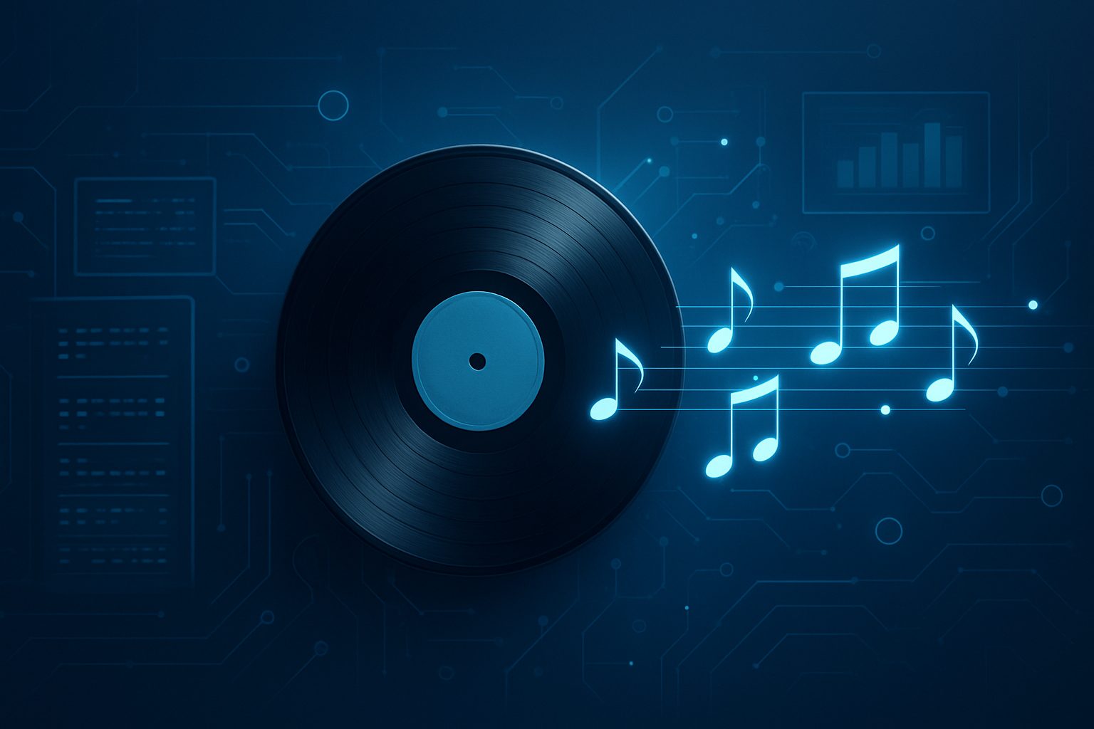 A vinyl record surrounded by musical notes and digital circuit patterns