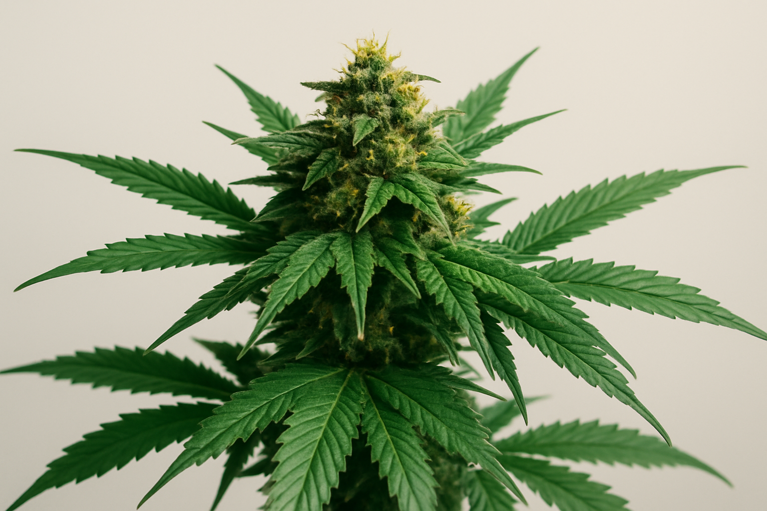 Close-up of a green cannabis plant with lush leaves and buds against a neutral background