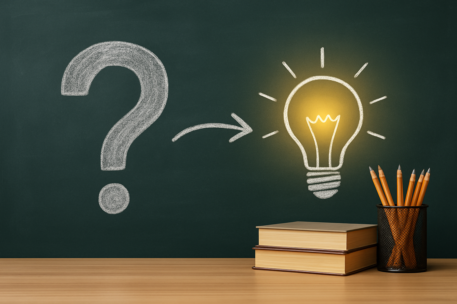 Chalkboard with a question mark leading to a light bulb illustration, surrounded by books and pencils on a wooden desk